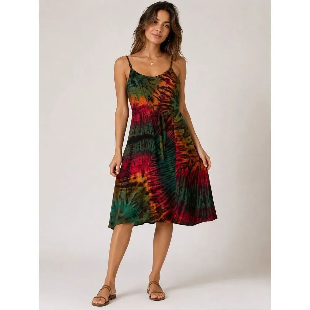 Vintage Tie Dye Rayon Midi Dress Spaghetti Strap Boho Festival M